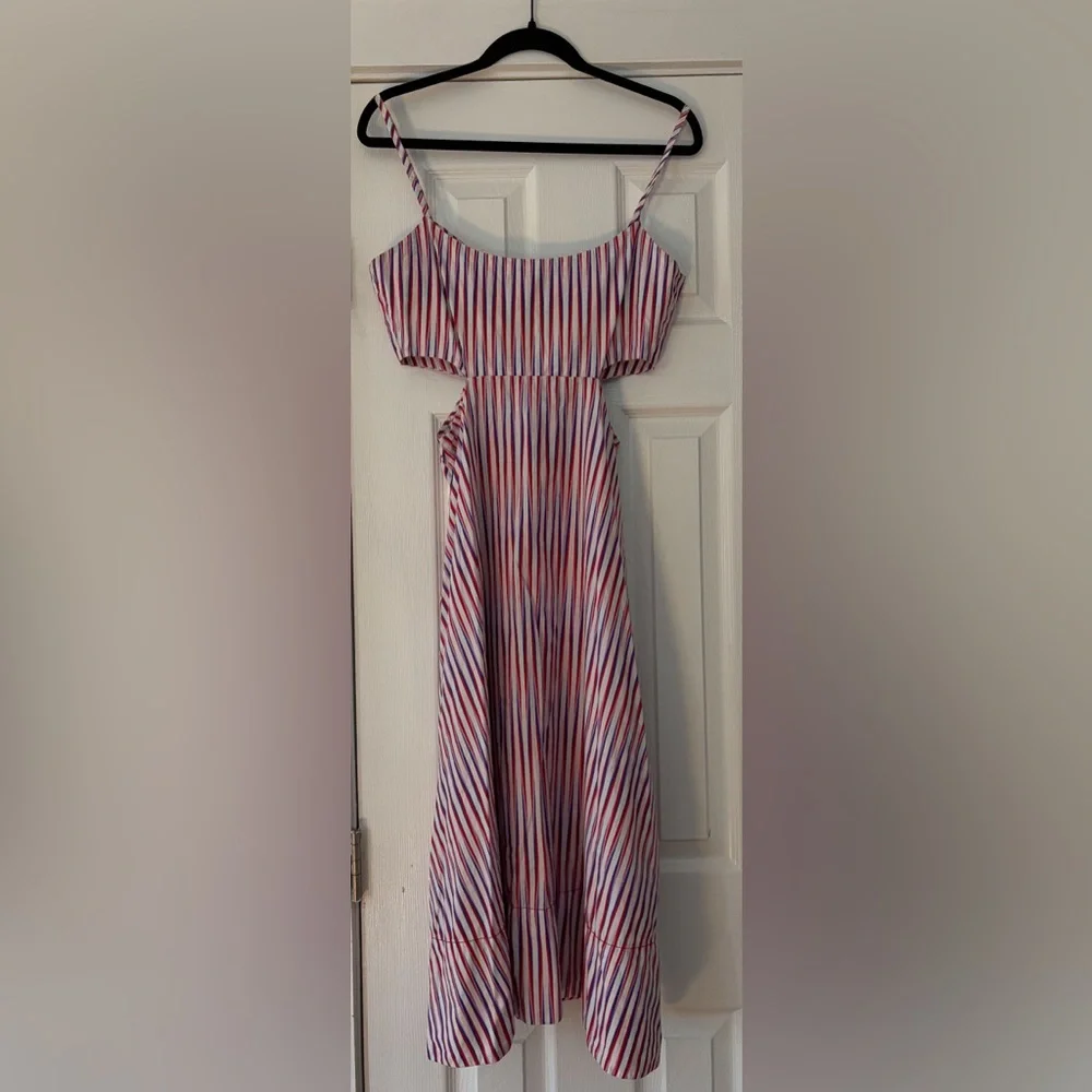 Saloni Striped Pink and White Midi Cut Out Cotton Dress Size 6 EUC - Picture 6 of 6